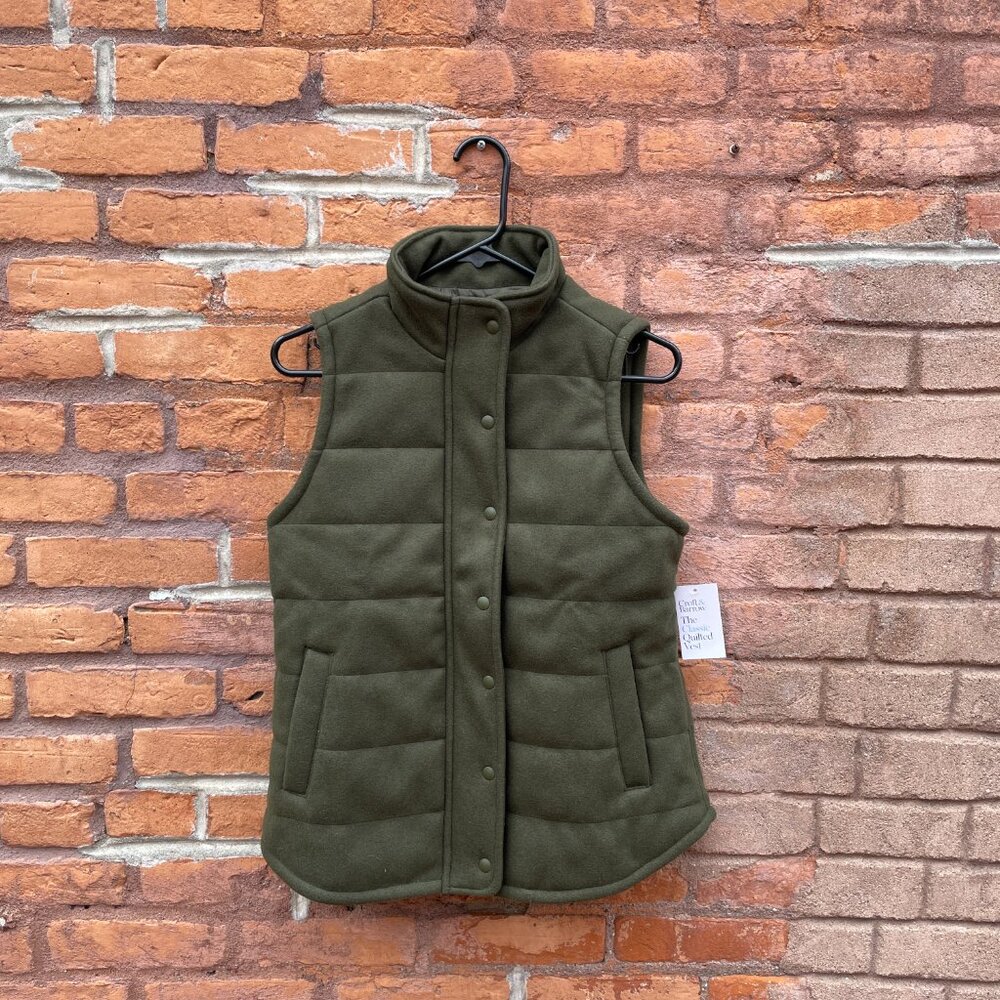 Croft & Barrow Classic Quilted Vest Army Green Snap Buttons Zip New with Tags XS